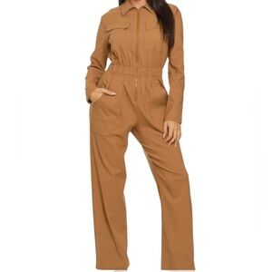 Julia by Live J Camel Stretch Twill Elastic Waist Wide Leg Jumpsuit